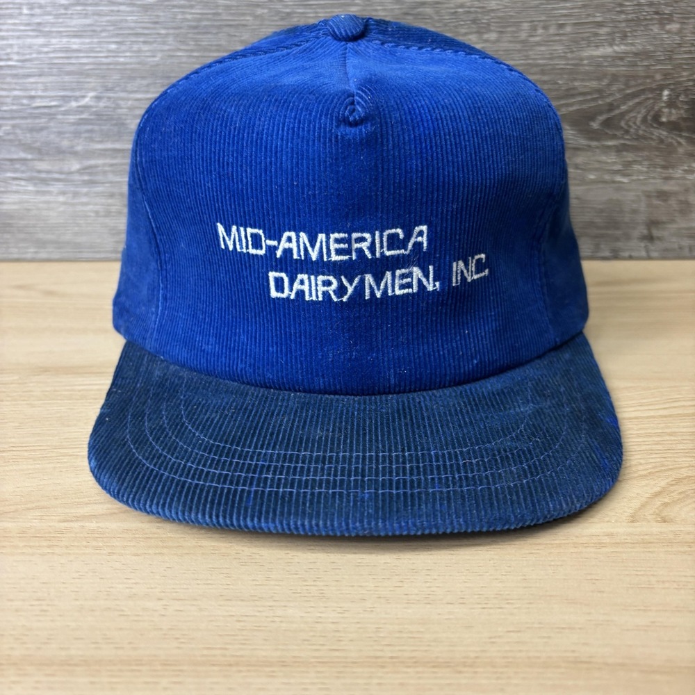 Vintage Mid-America Dairymen Inc Hat Cap Snap Back Blue Corduroy USA Mens 90s